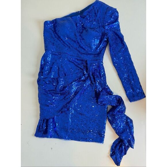 LUSSO Australia Womens Royal Blue One Shoulder Asymmetrical Sequin Mini Dress 6 - Picture 4 of 16